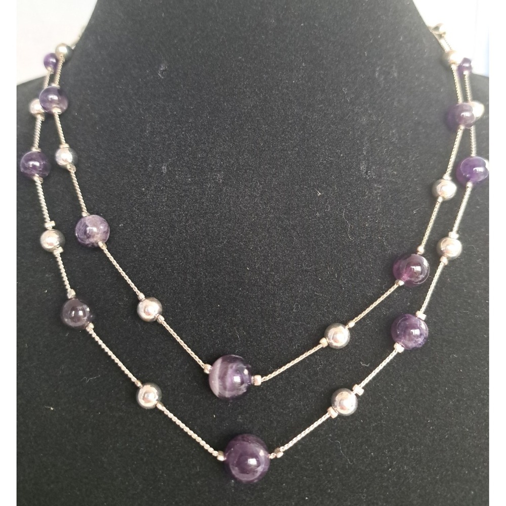 Gemstone Fashion Jewelry Beaded Necklace 2 Strands Amethyst Silver Tone Chain